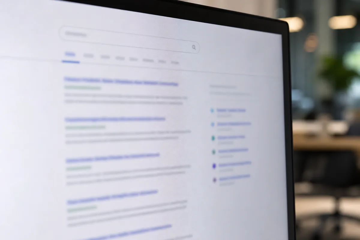 Gros plan sur un écran affichant une page de résultats de moteur de recherche