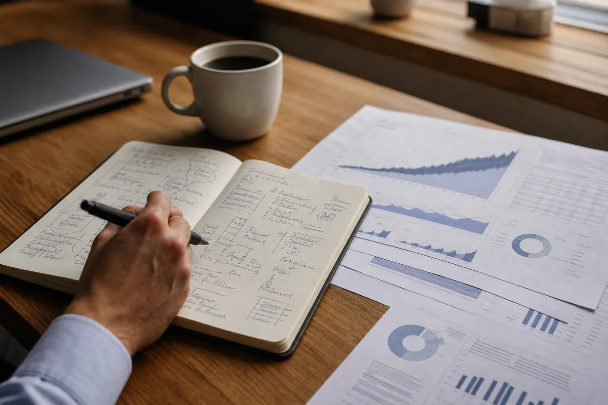 Bureau avec un carnet de notes et des graphiques imprimés d&rsquo;évolution de trafic