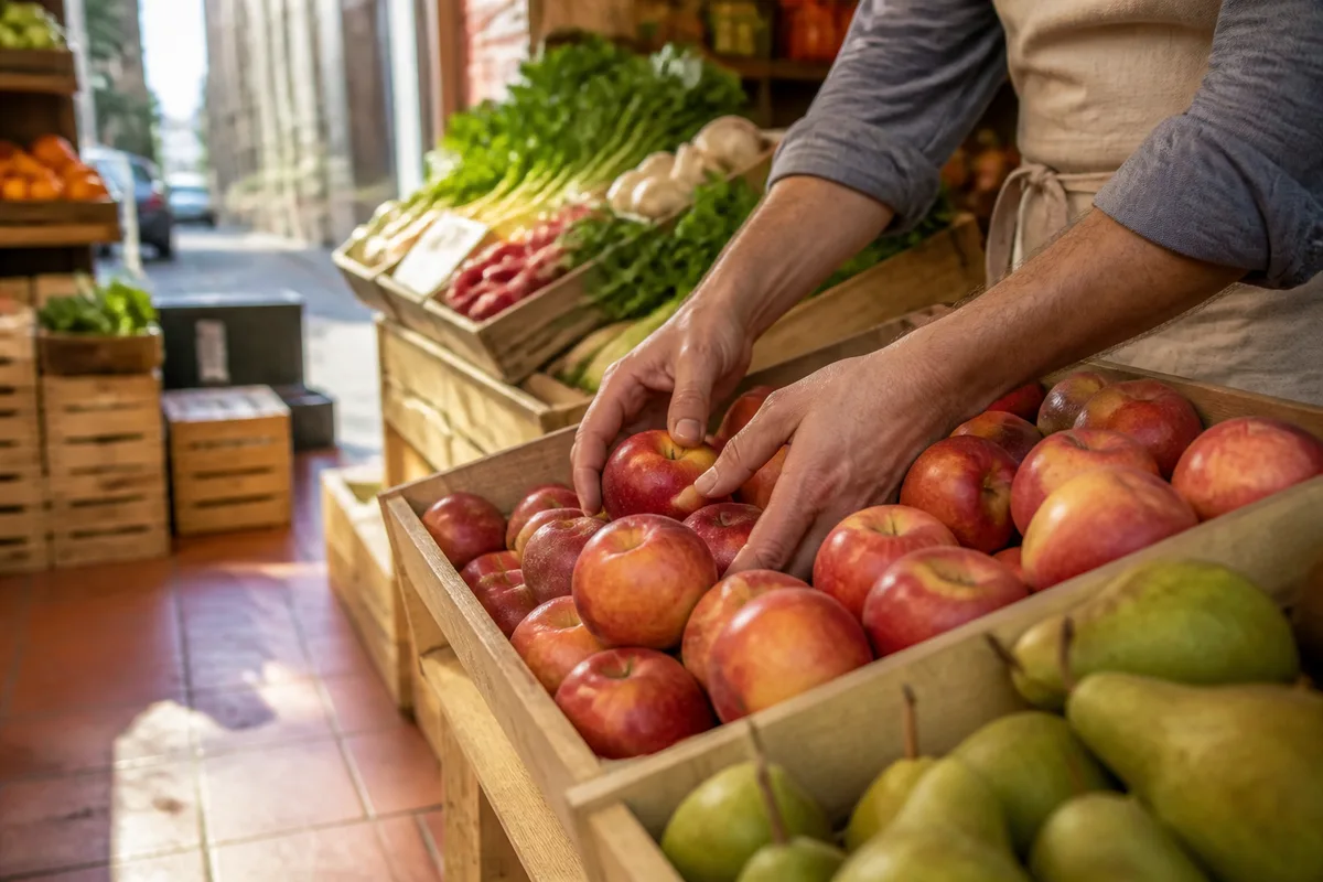 Étalage de fruits et légumes en cagettes de bois clair dans une épicerie de quartier