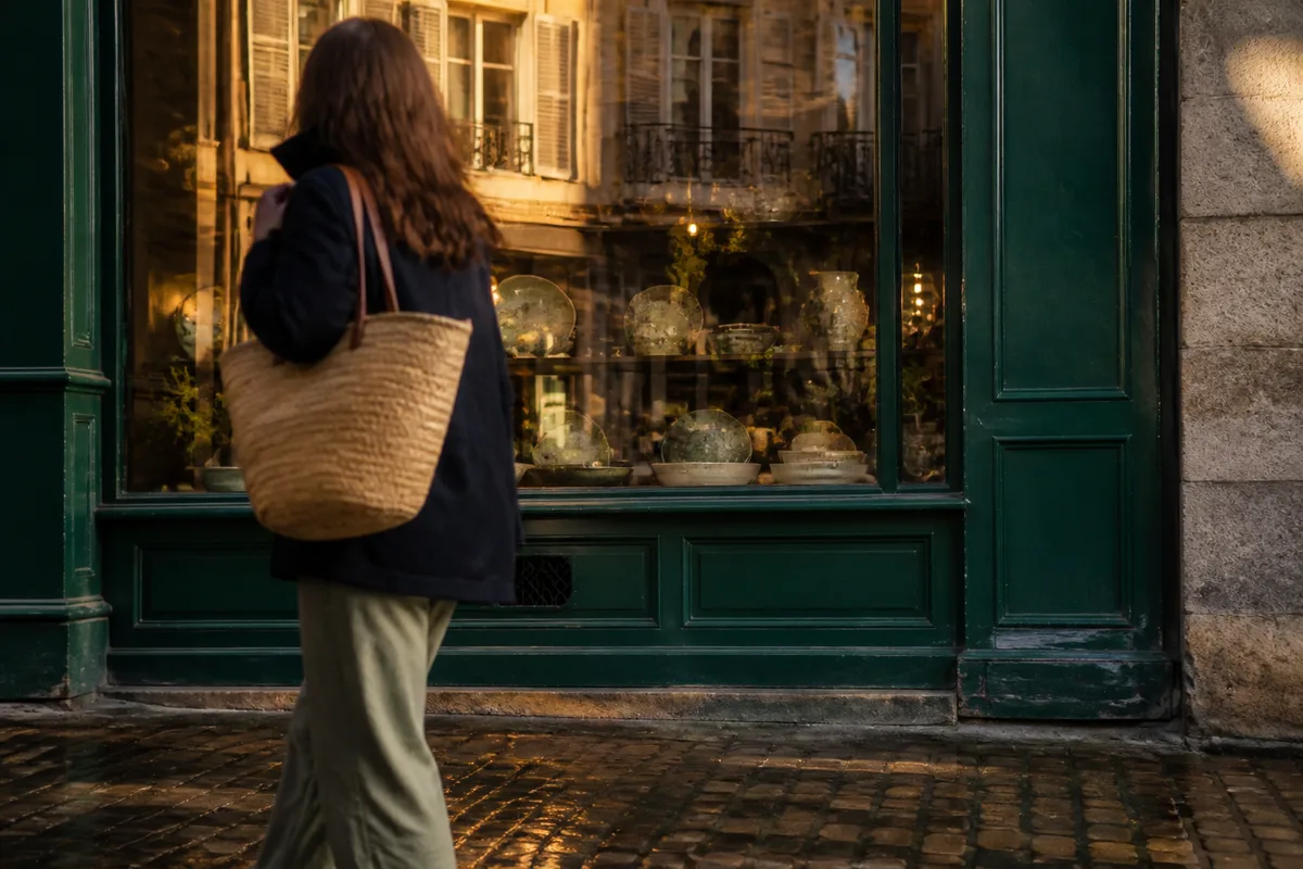 Vitrine de commerce de centre-ville photographiée depuis le trottoir en fin de journée