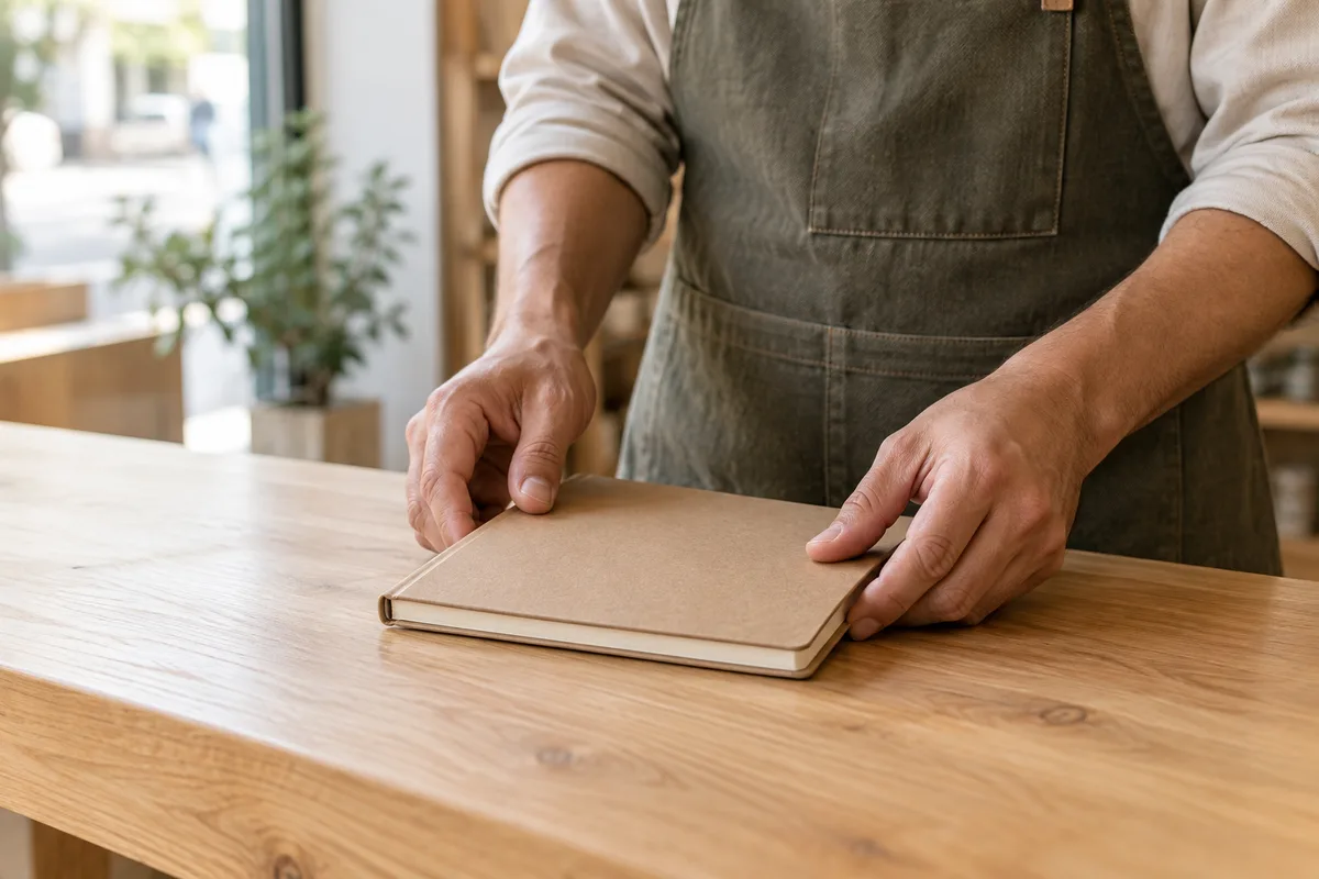 Mains d’un commerçant en tablier posant un carnet fermé sur un comptoir en bois