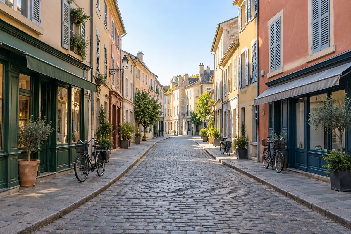 Rue commerçante calme aux façades colorées unies avec des vélos garés le long du trottoir