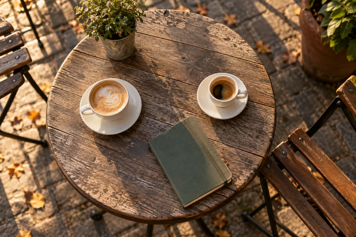 Table de bistrot avec deux tasses de café et un carnet fermé, vue plongeante
