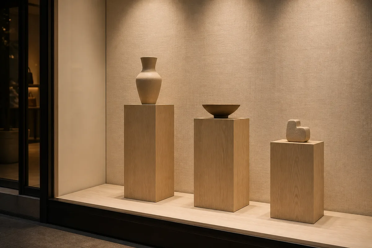 Vitrine de boutique composée sur trois socles de hauteurs différentes