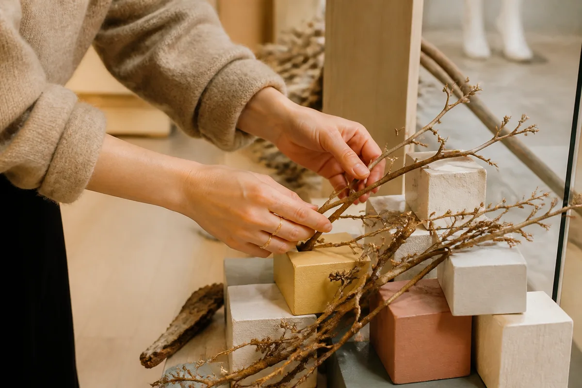 Mains disposant des accessoires de saison dans une vitrine en cours de montage