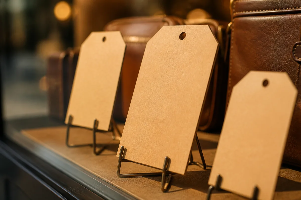 Étiquettes en carton vierge posées devant des articles dans une vitrine