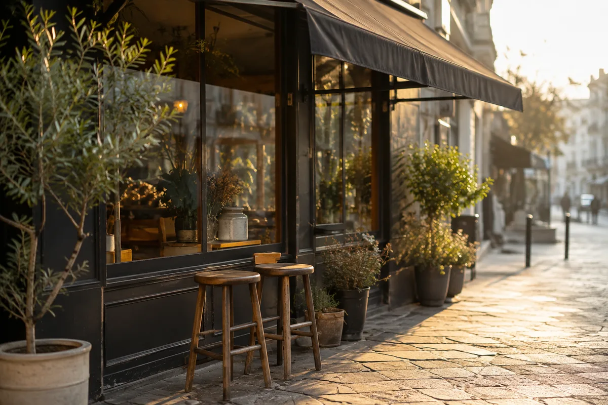Devanture d’une boutique de quartier éclairée par la lumière du matin