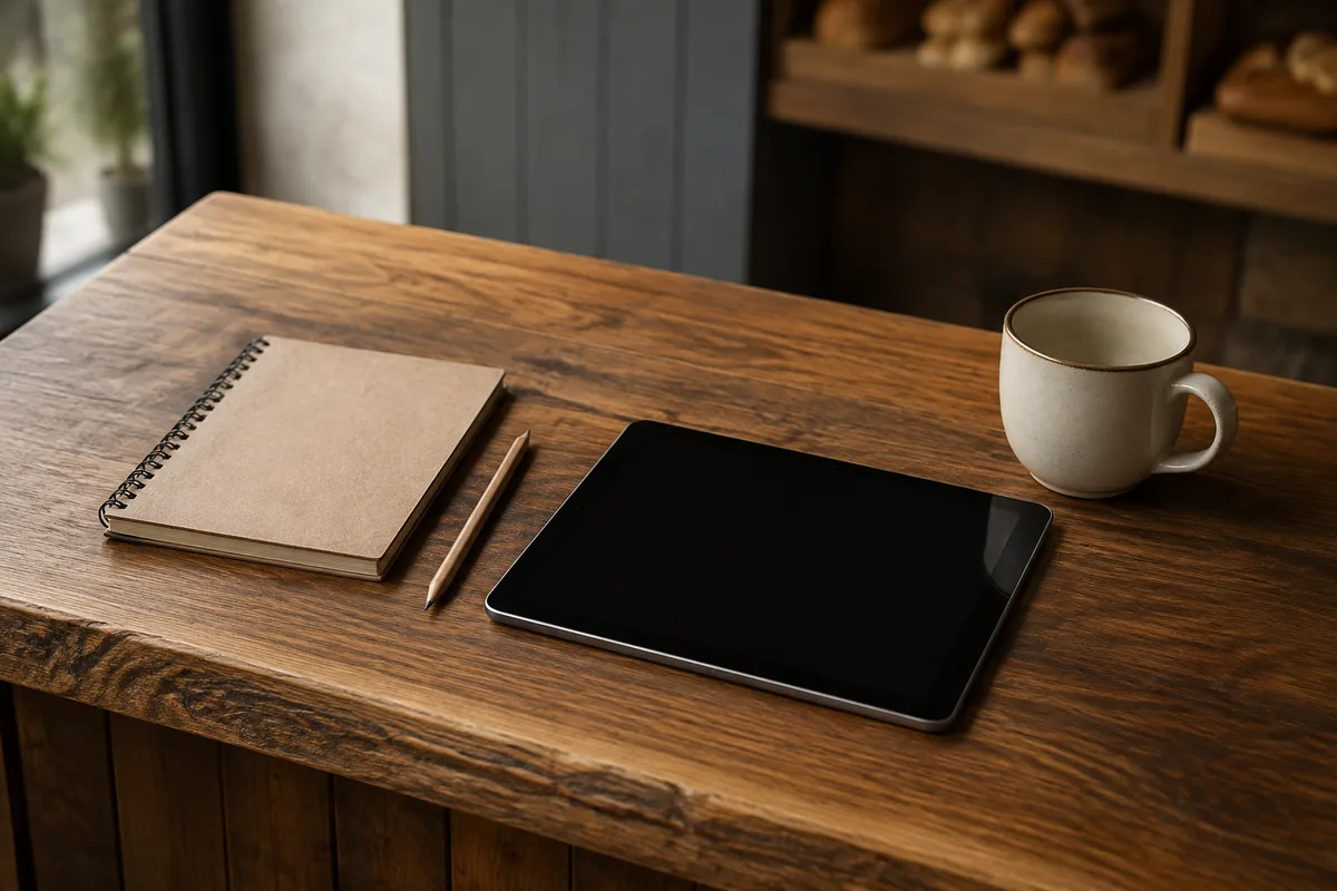 Comptoir en bois d’un commerce avec une tablette posée à plat, écran éteint
