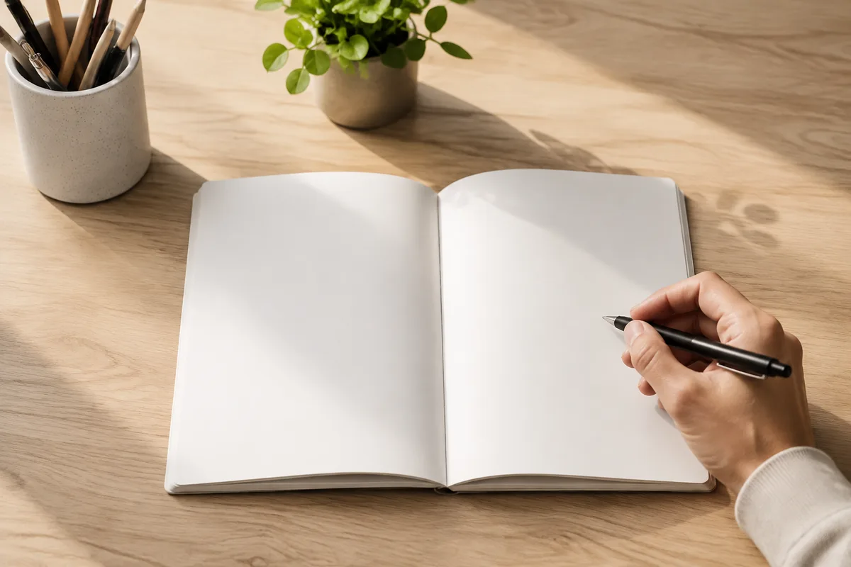 Carnet ouvert et stylo posés sur un plan de travail en bois clair