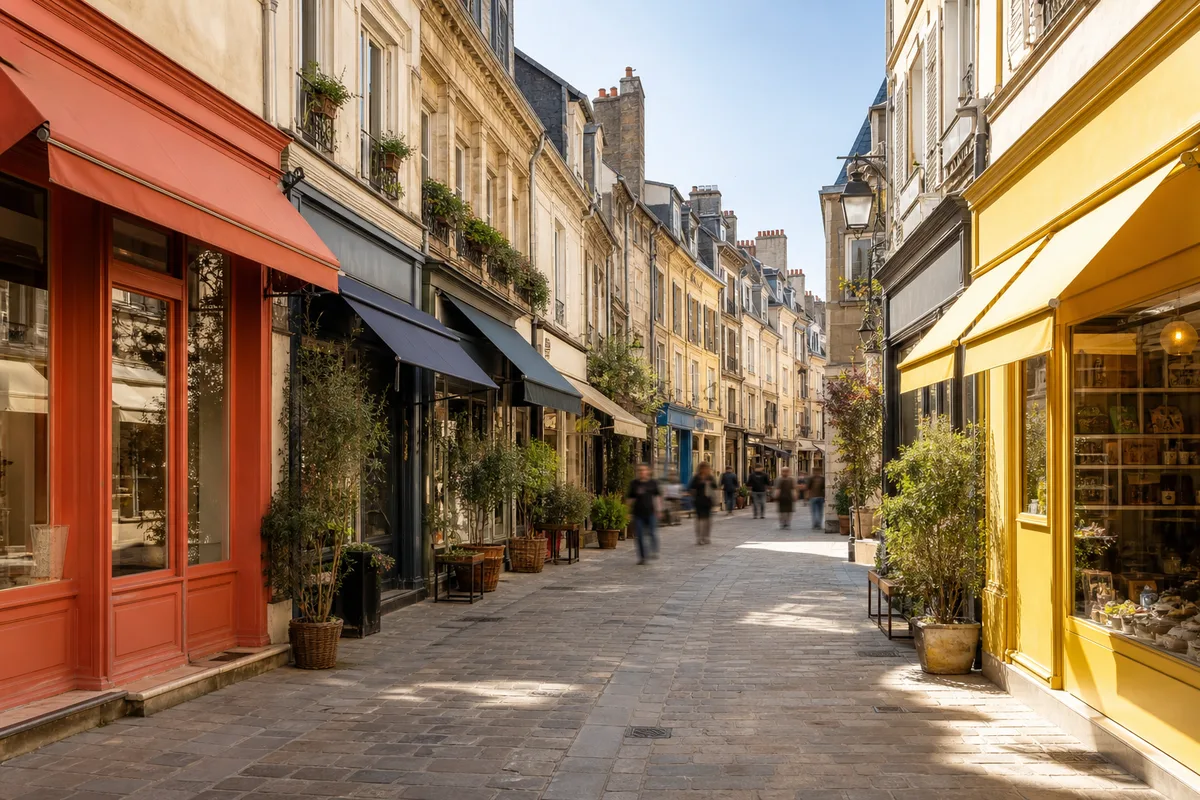 Rue commerçante piétonne avec des devantures et des stores en toile unie