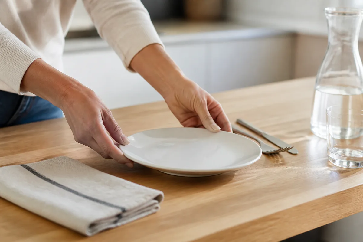 Mains d’une intervenante posant une assiette sur une table de cuisine claire
