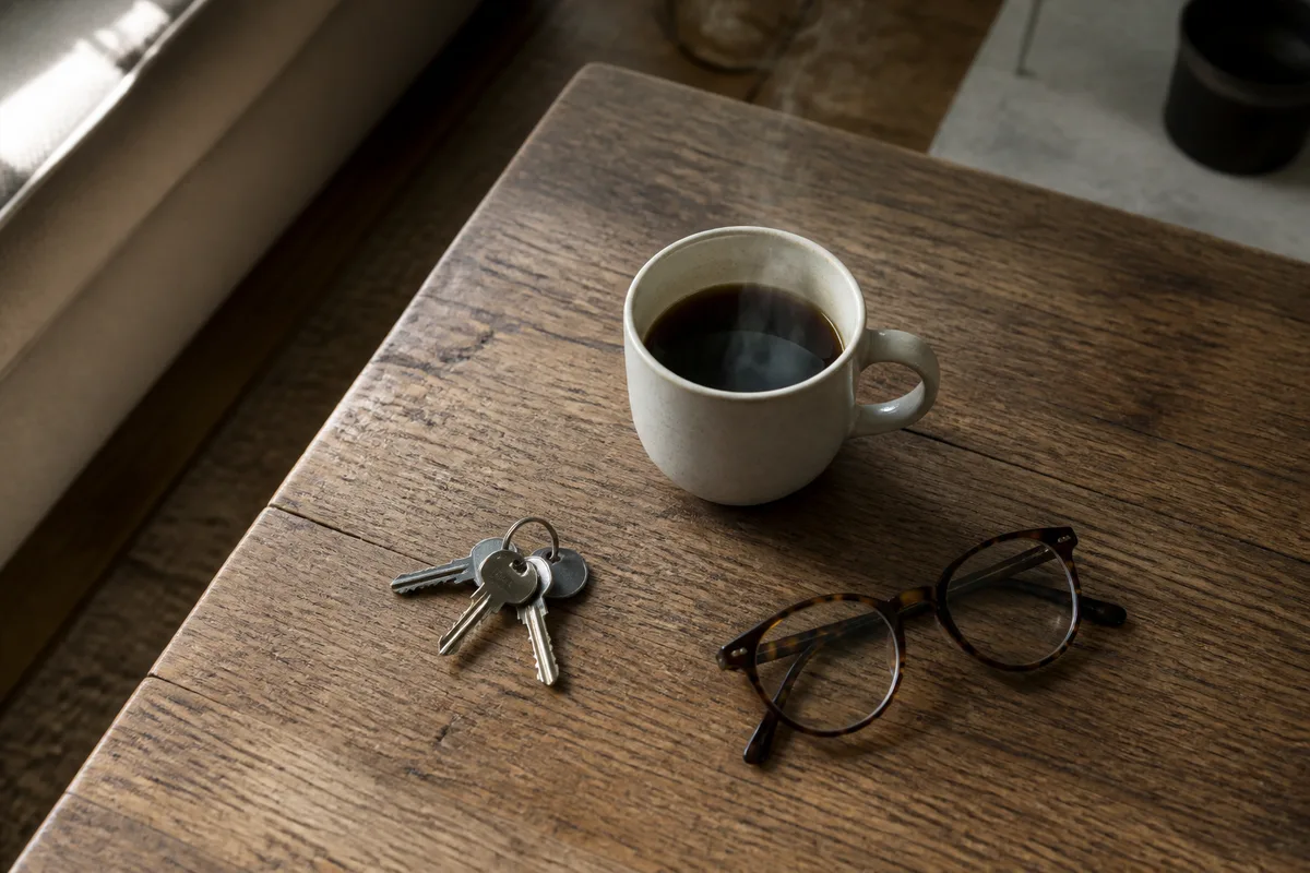 Détail d’une table en bois avec un trousseau de clés, une tasse et des lunettes de lecture