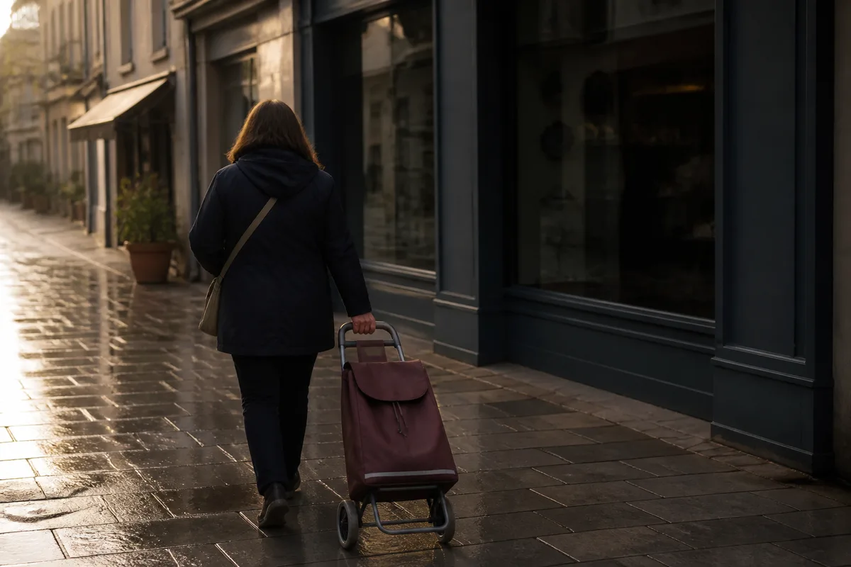 Silhouette de dos poussant un caddie devant une devanture aux surfaces unies