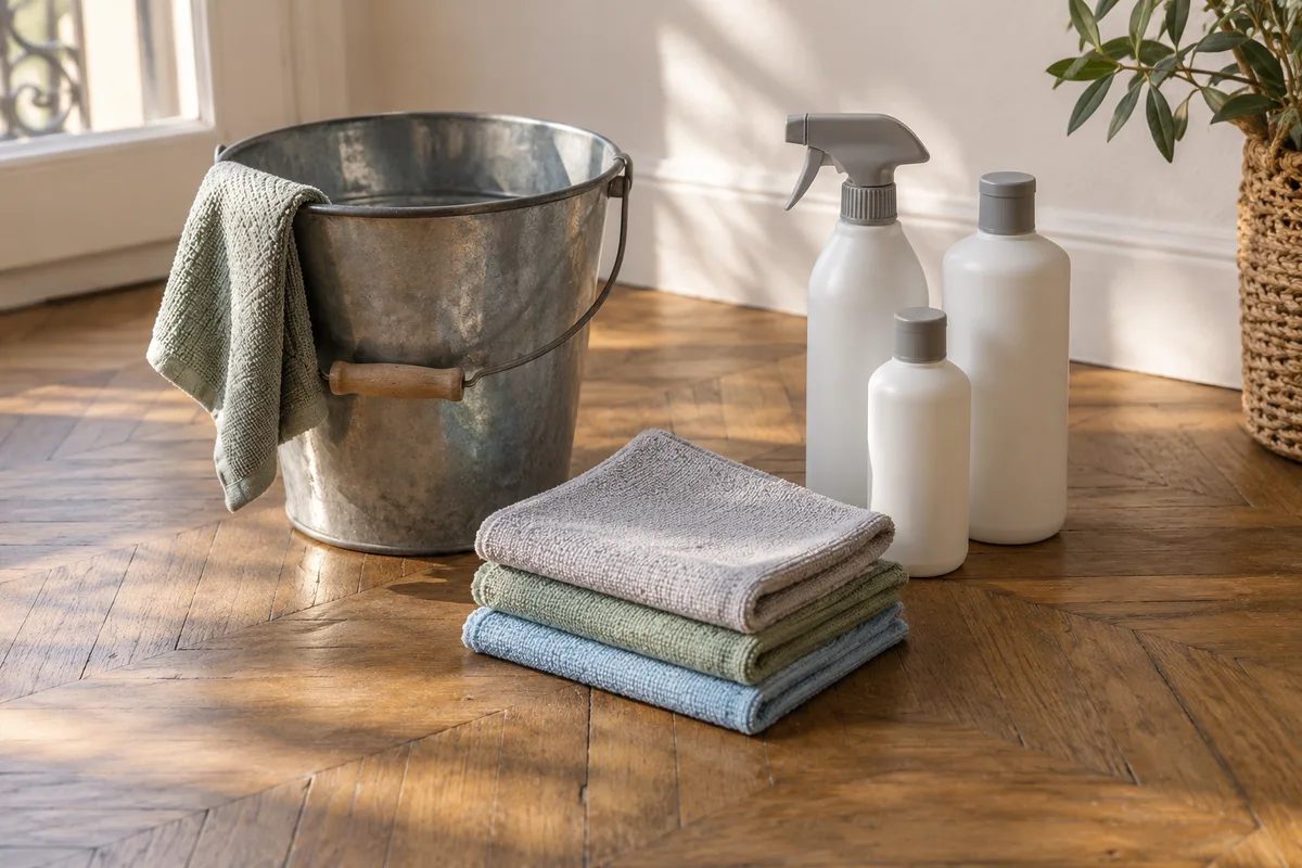 Seau, chiffons pliés et flacons unis posés sur un parquet ancien