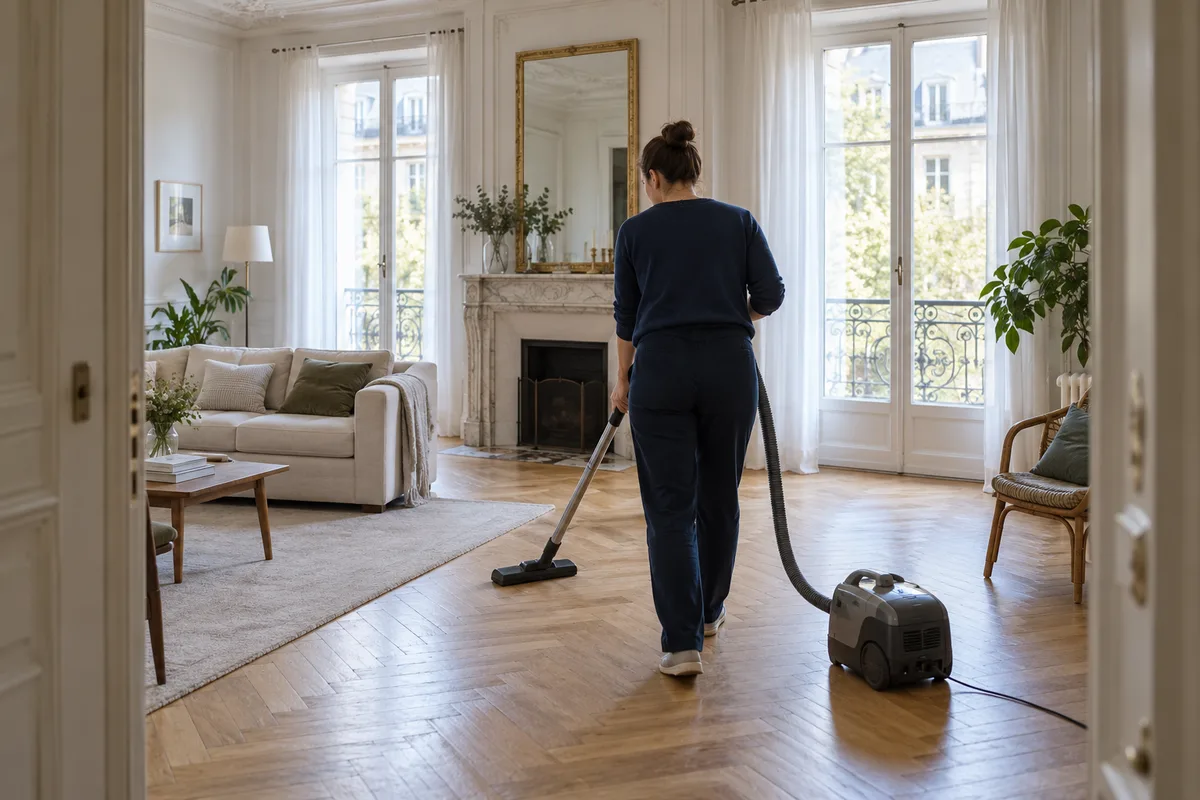 Personne vue de dos passant l’aspirateur dans un salon aux moulures