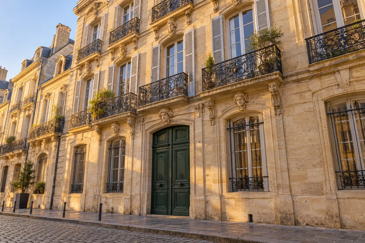 Façade en pierre blonde d’un immeuble bordelais avec balcons en fer forgé