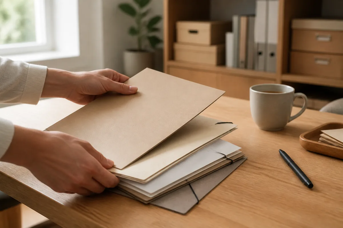 Mains classant des dossiers et des chemises cartonnées sur un bureau clair en bois