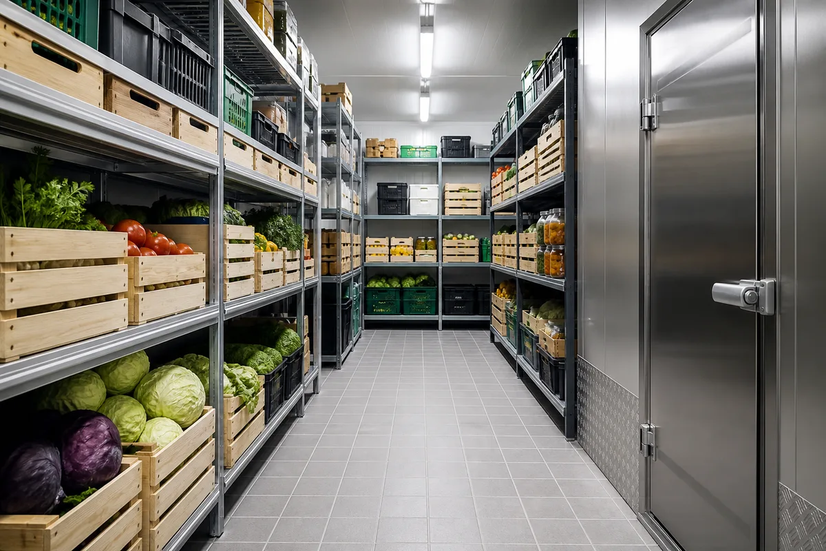 Réserve de magasin rangée avec étagères métalliques, cageots et porte de chambre froide en inox