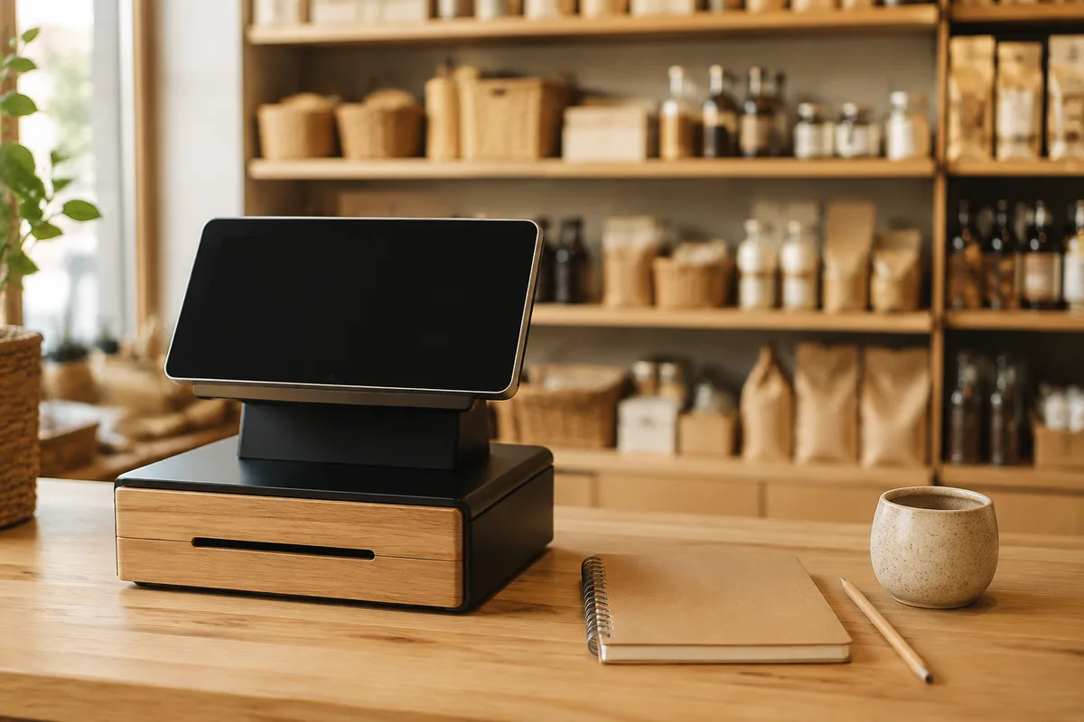 Comptoir en bois clair avec caisse et carnet de notes dans un commerce, lumière du matin