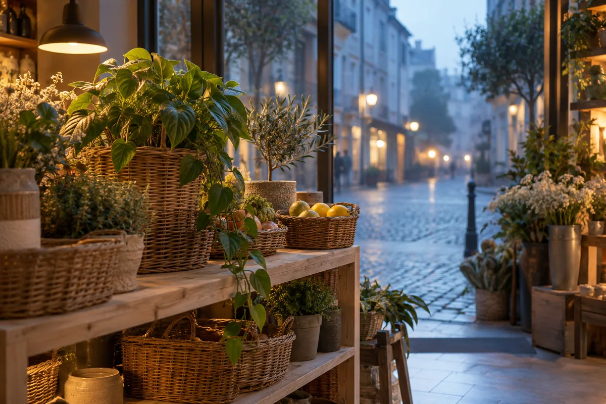 Vitrine d’une boutique de quartier vue de l’intérieur au petit matin, rue floue derrière la vitre