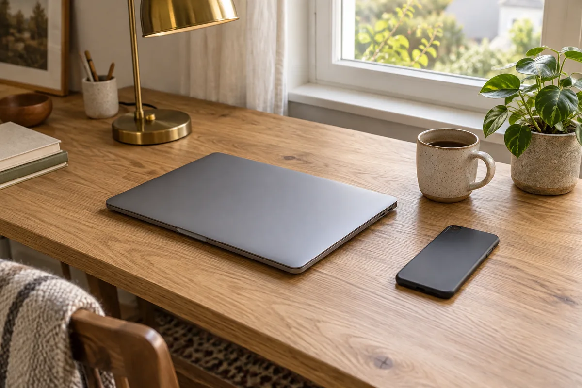 Poste de travail à la maison avec ordinateur portable fermé et téléphone posé face contre la table