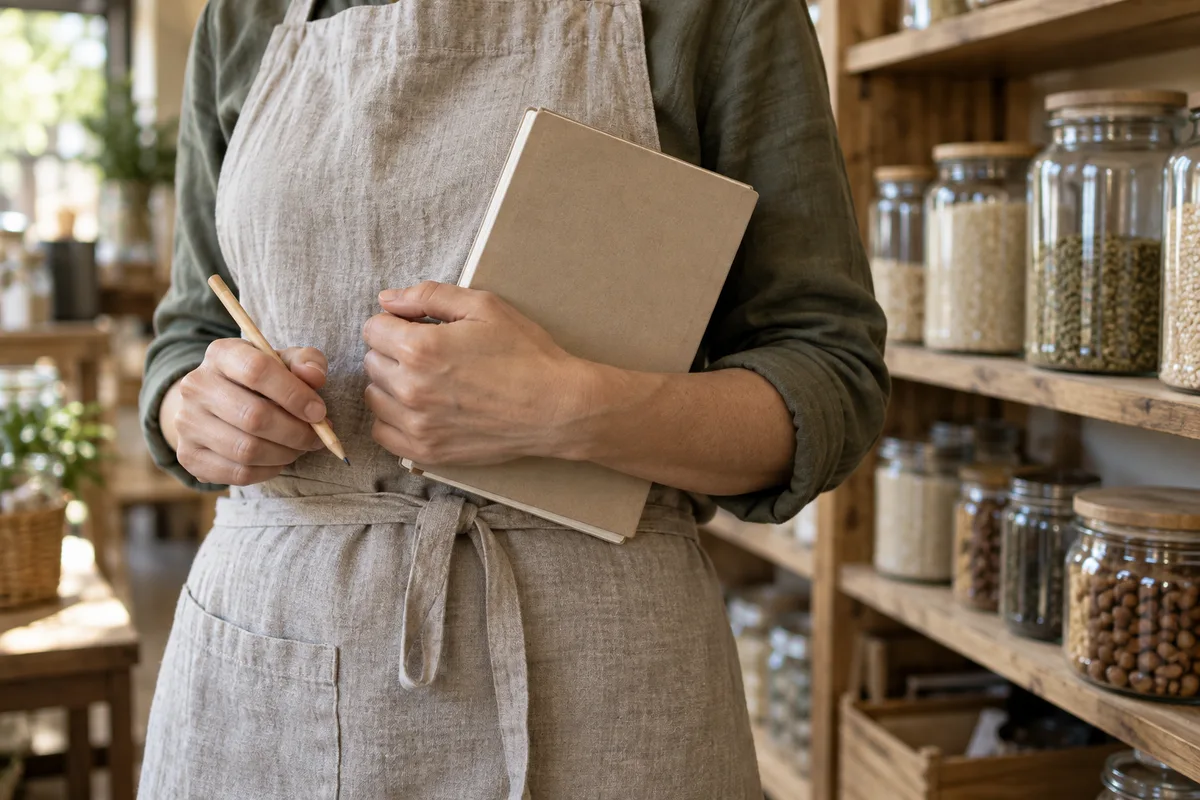 Mains d’une commerçante en tablier de lin tenant un carnet fermé devant des étagères garnies de bocaux en verre