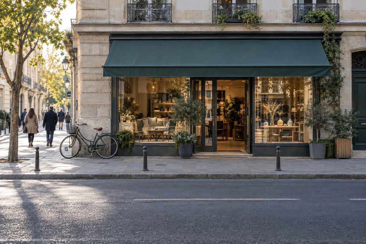 Vitrine d’une boutique de centre-ville vue depuis le trottoir d’en face avec un vélo appuyé contre le mur