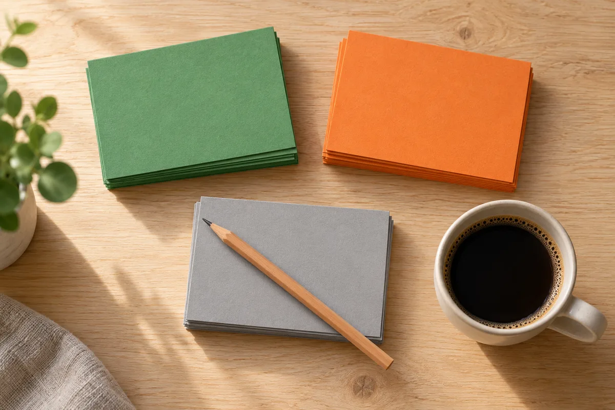 Trois piles de fiches cartonnées vertes, orange et grises posées sur une table en bois avec un crayon