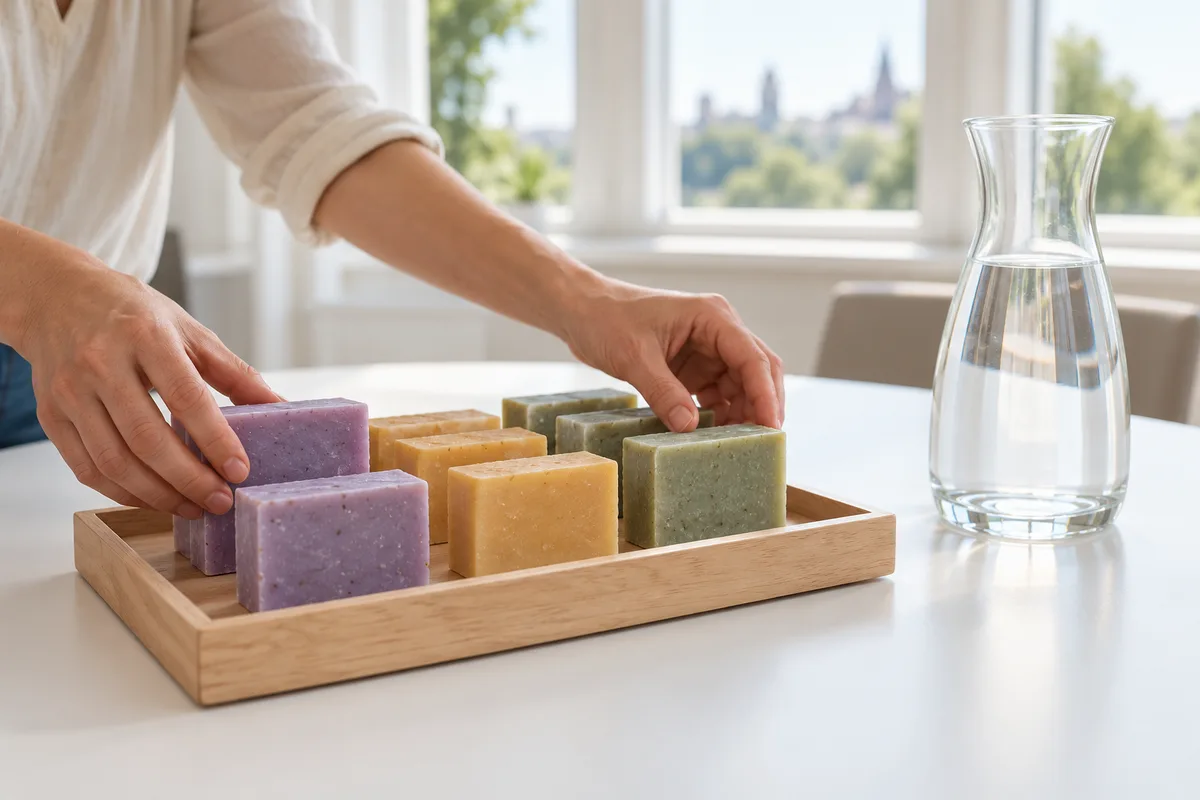 Mains disposant des savons artisanaux sur un plateau de présentation, sur la table d’une salle de réunion