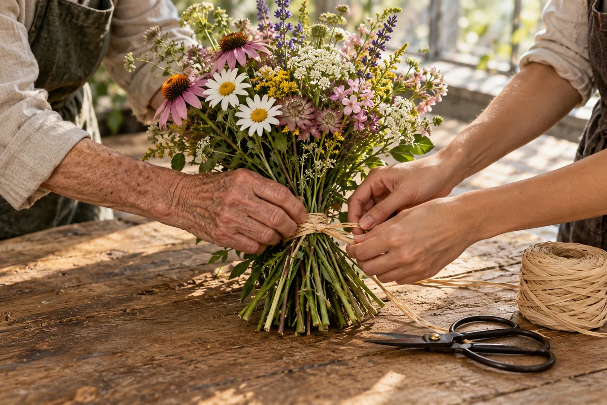 Mains d’une fleuriste et de son apprentie assemblant un bouquet champêtre sur l’établi de l’atelier