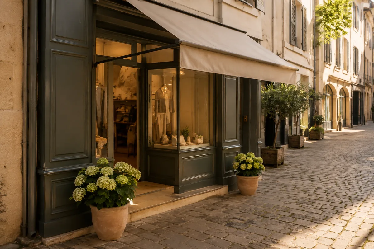Vitrine de commerce de quartier avec store en toile unie et pots de fleurs