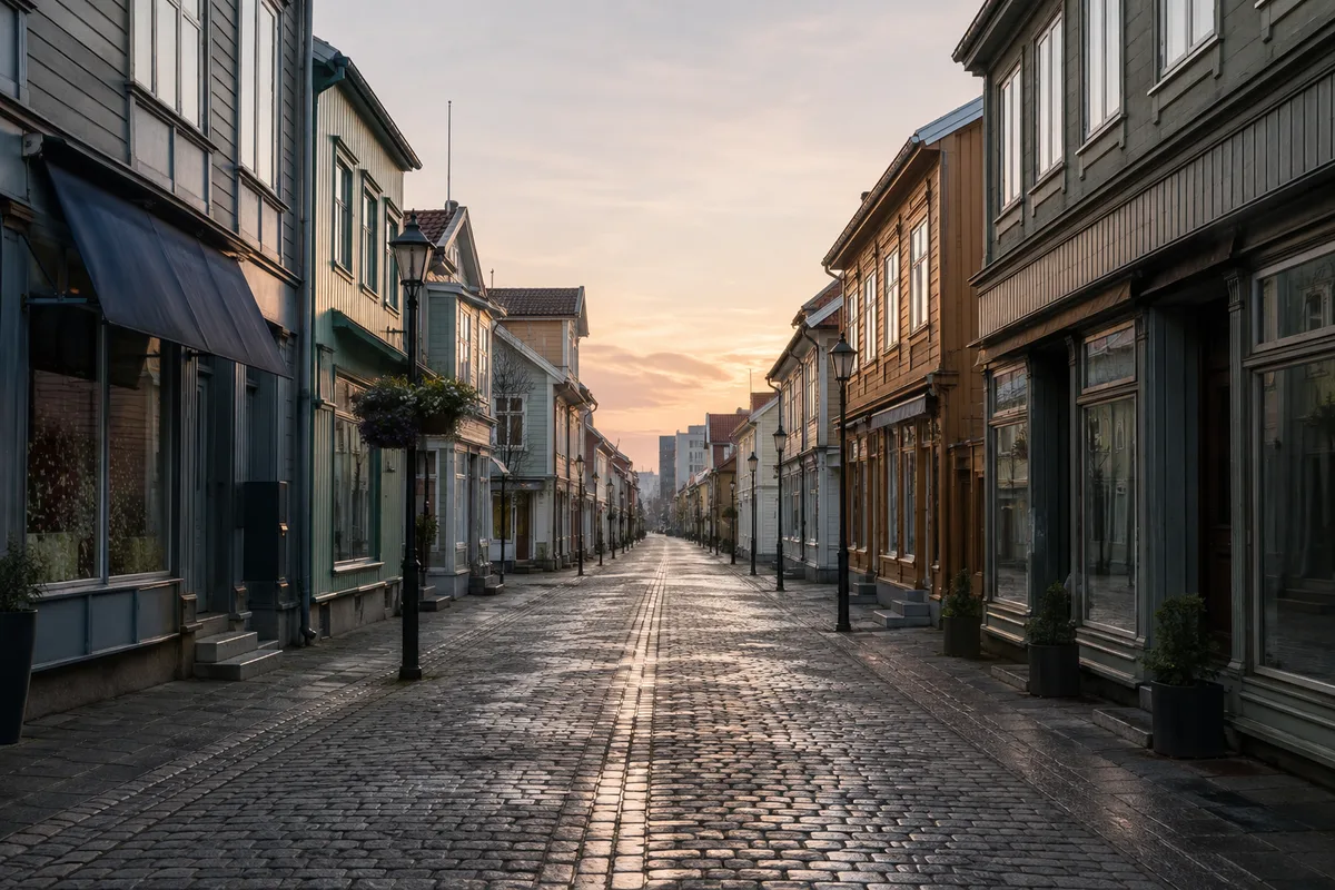 Rue commerçante piétonne au lever du jour avec devantures en bois peint