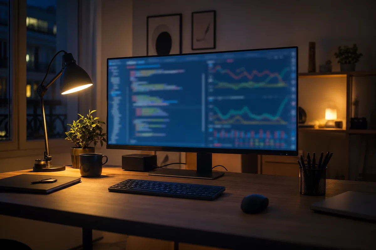 Poste de travail avec écran affichant du code et des courbes de positionnement