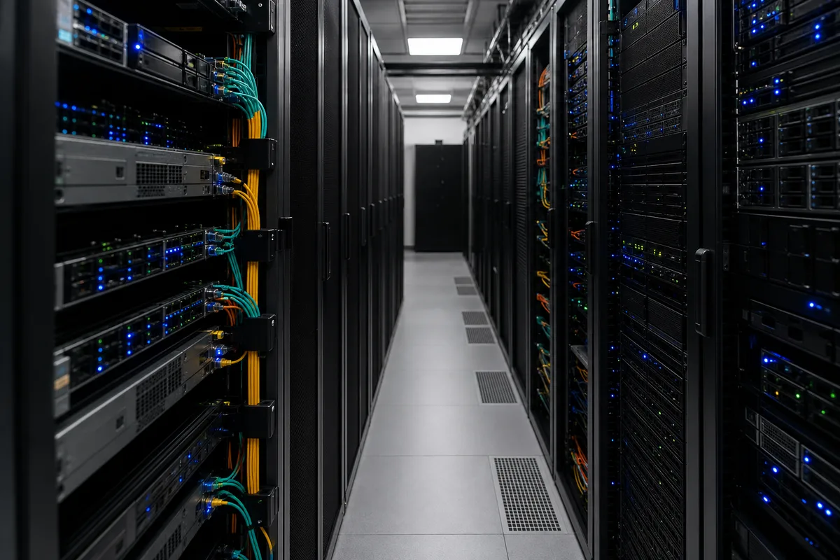 Serveurs informatiques dans un centre de données avec câbles réseau