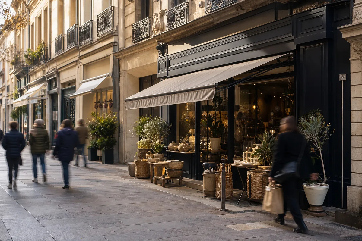 Devanture de commerce français avec passants dans une rue commerçante