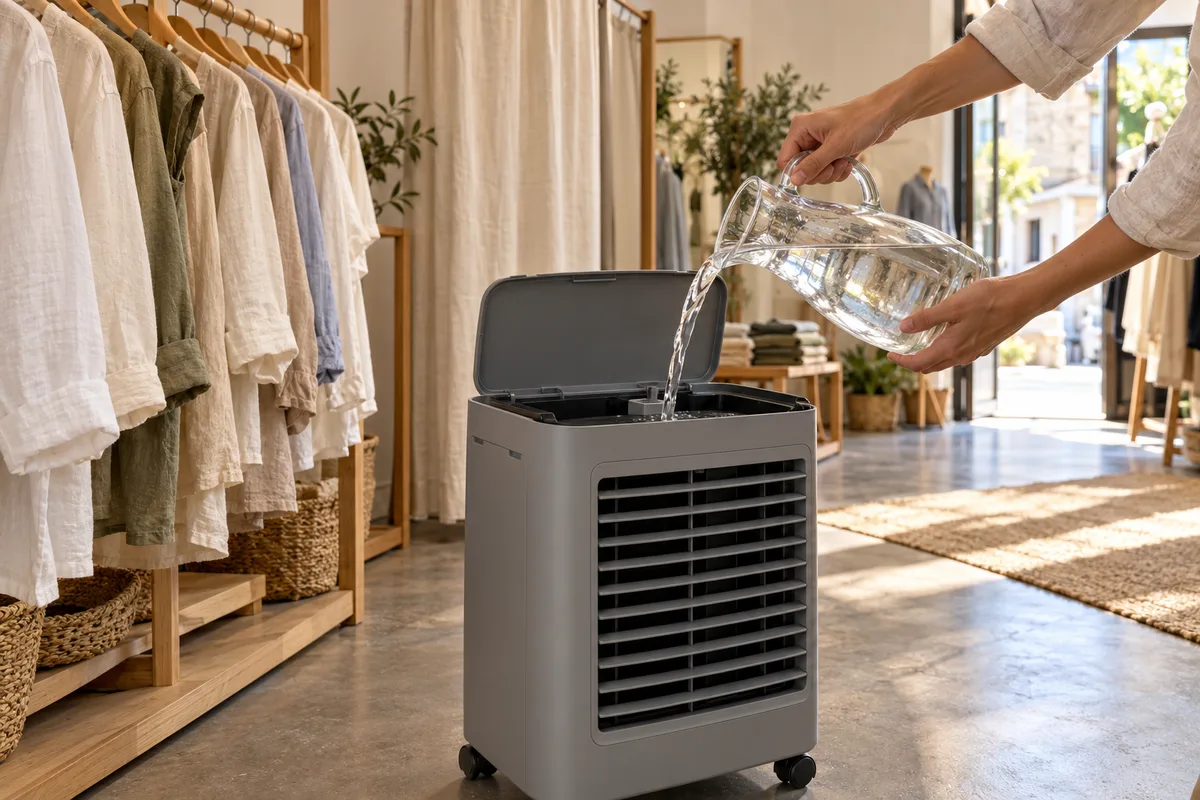 Mains remplissant d’eau le réservoir d’un rafraîchisseur mobile gris au fond d’une boutique de vêtements