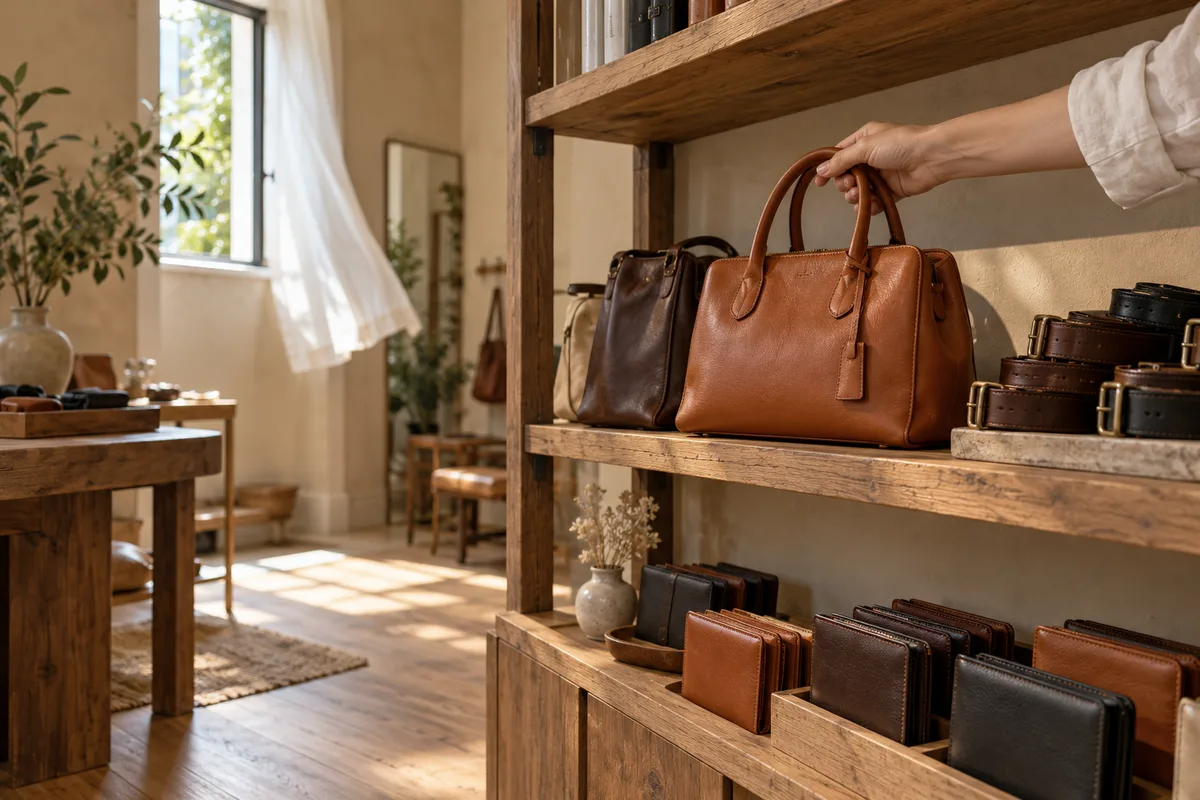 Main posant un sac en cuir sur une étagère en bois près d’une fenêtre haute entrouverte