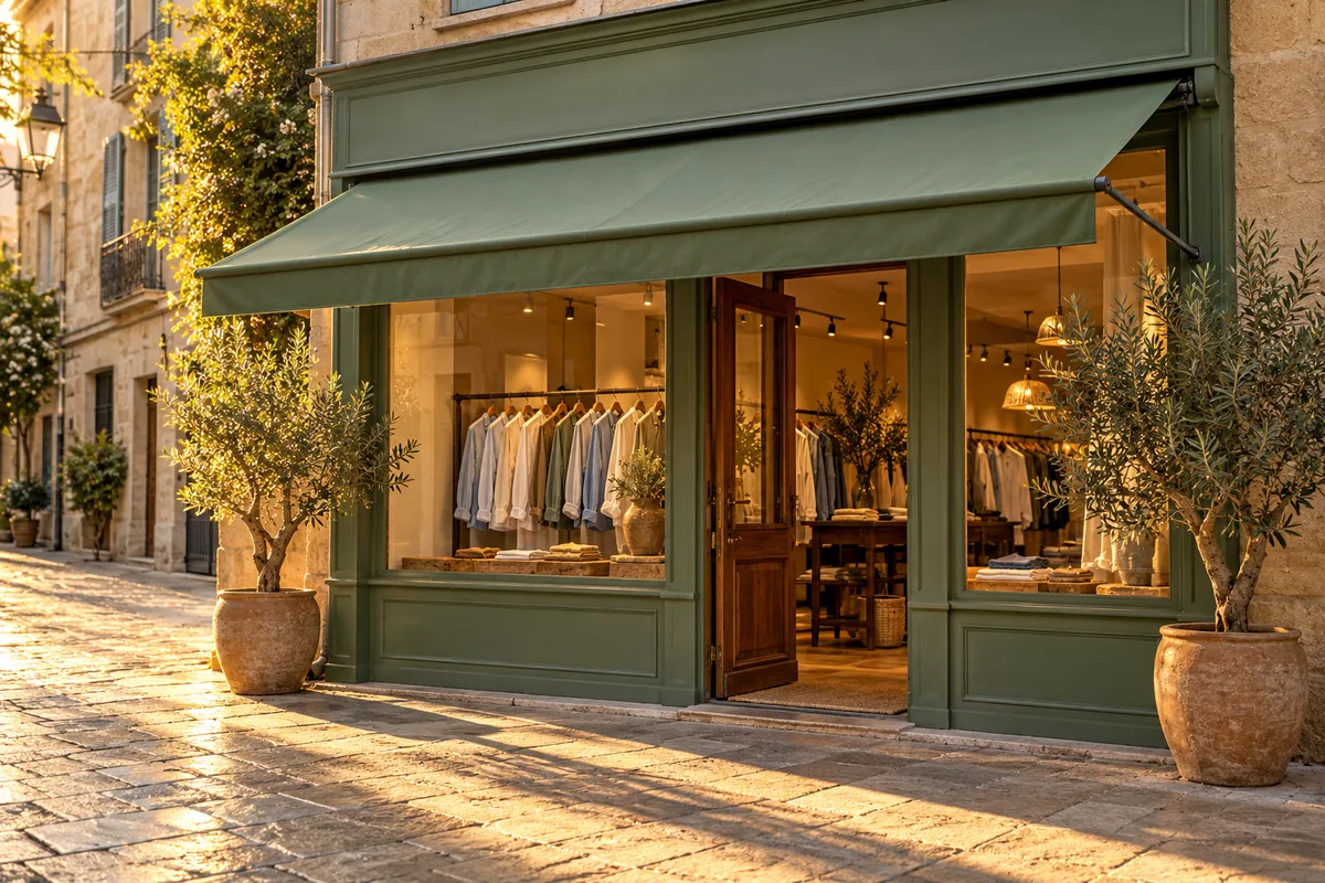 Façade d’une boutique de quartier en été, store uni déployé et porte en bois ouverte sur une rue pavée