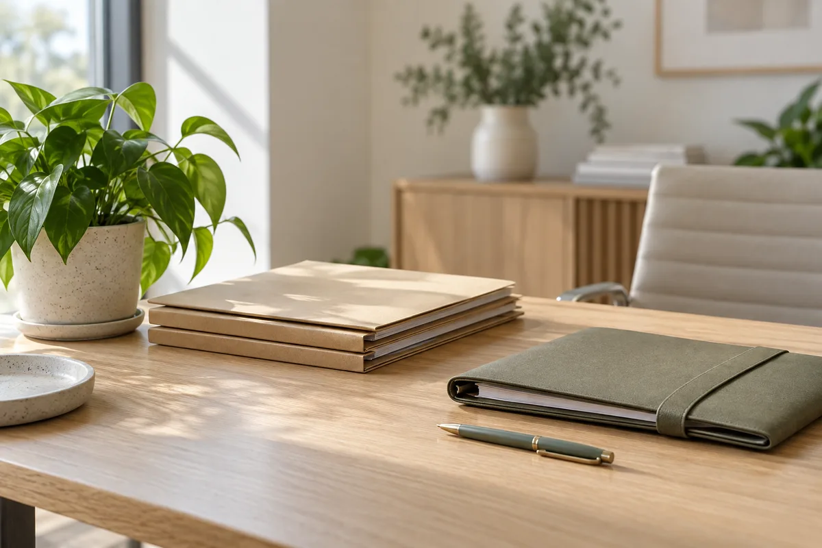 Bureau de cabinet comptable lumineux avec dossiers fermés et plante verte