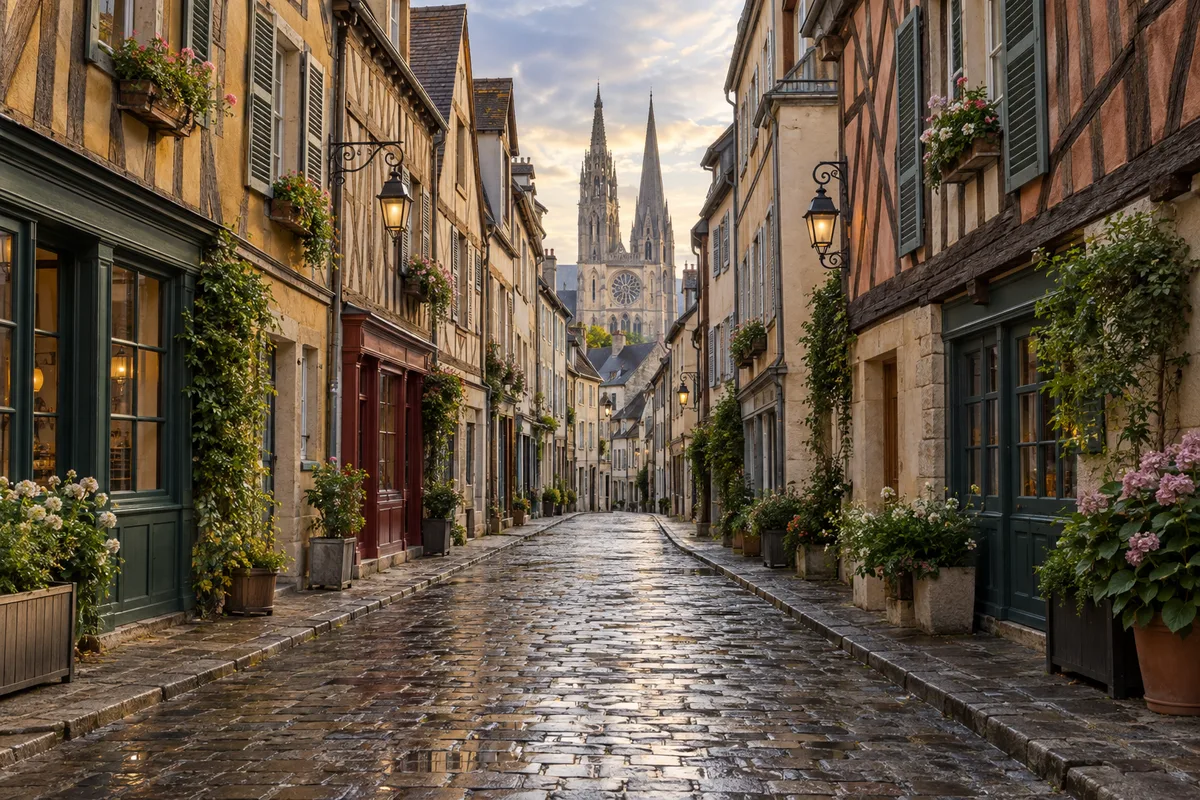 Rue commerçante de Chartres bordée de maisons à pans de bois