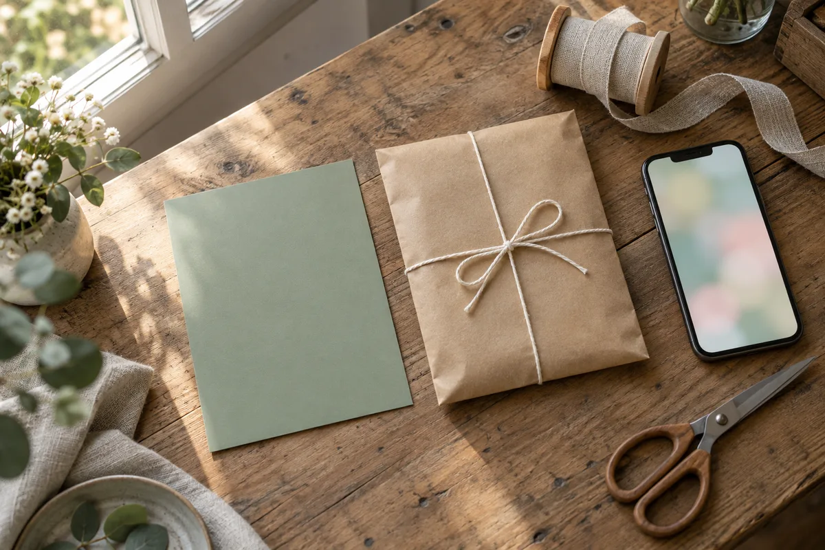Carte rigide unie, pochette kraft et smartphone posés sur une table d’emballage