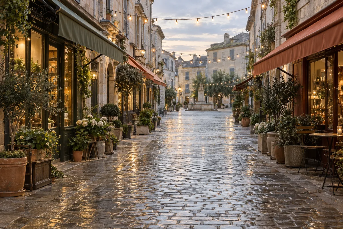 Rue commerçante piétonne décorée de guirlandes lumineuses au petit matin