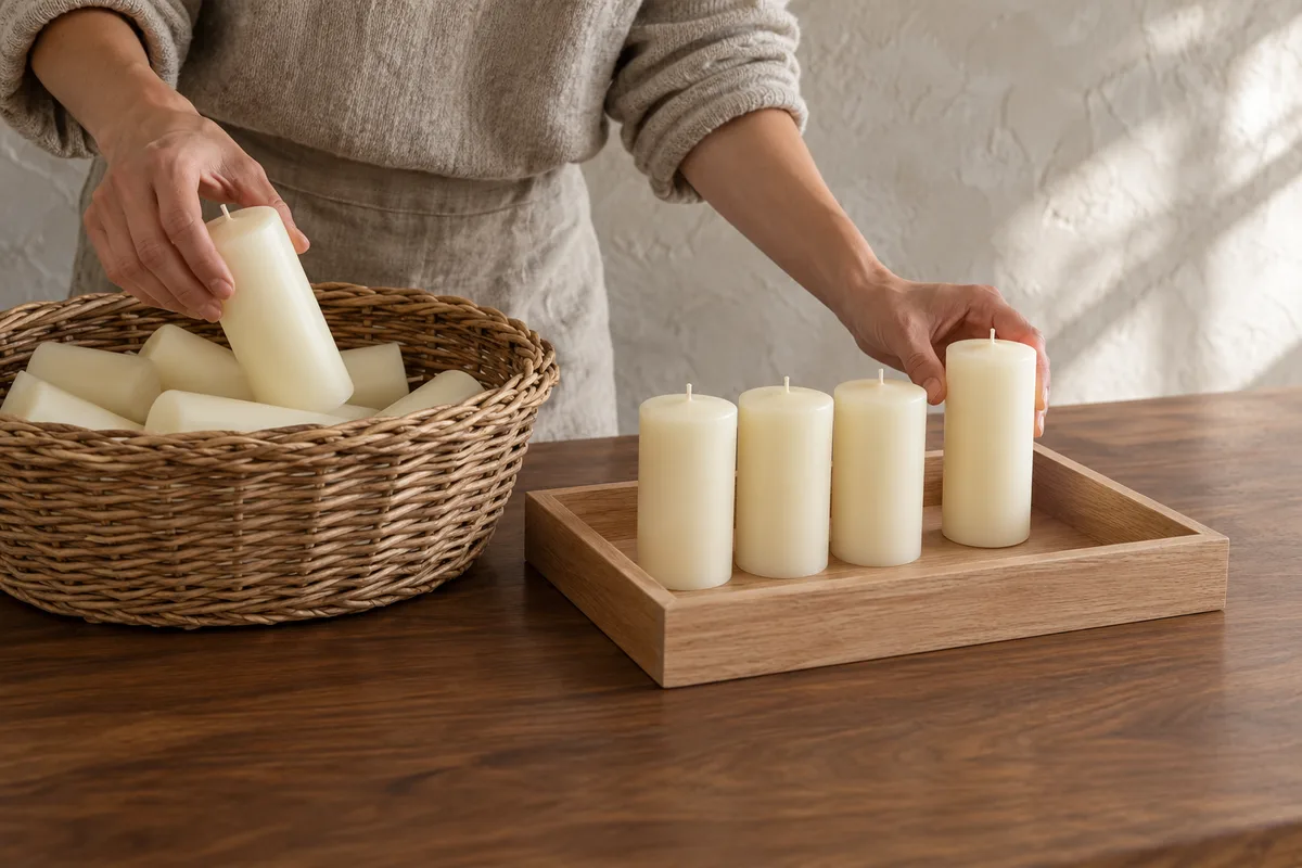Mains rangeant des bougies en cire naturelle dans un plateau en bois clair posé sur une table en noyer