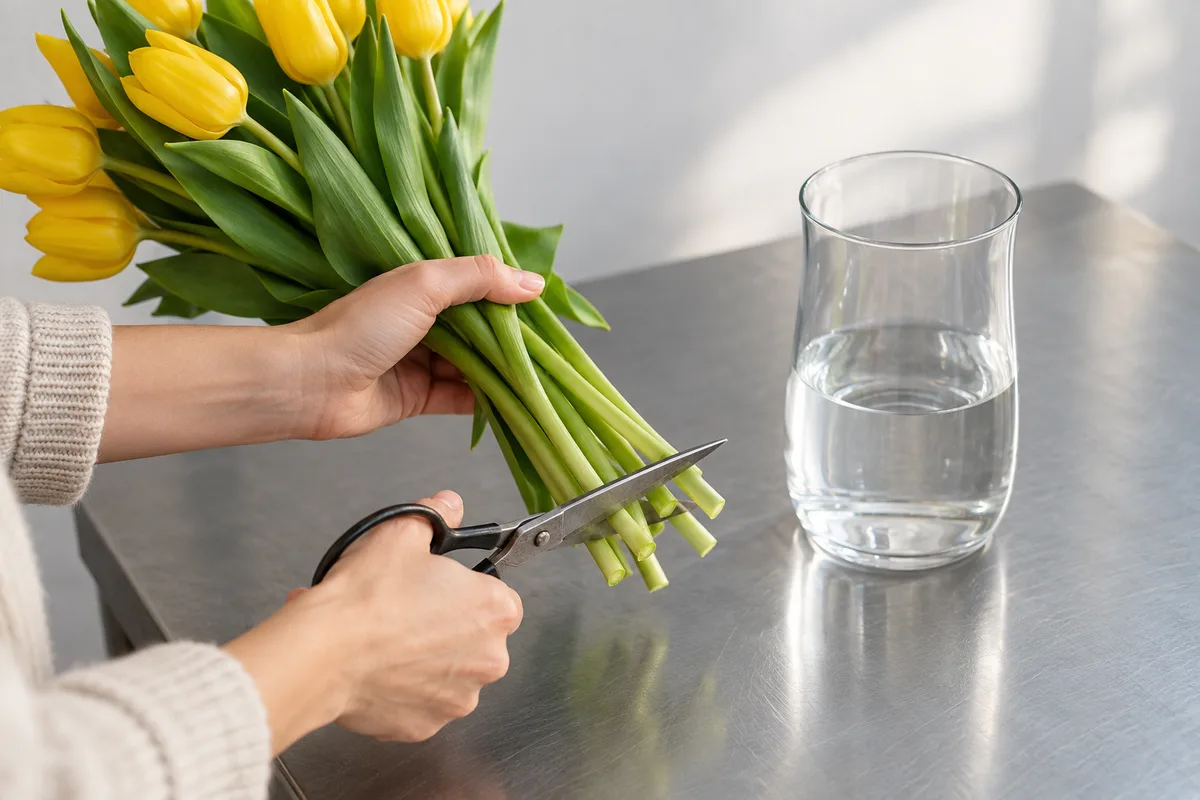 Mains recoupant les tiges d&rsquo;un bouquet de tulipes jaunes au-dessus d&rsquo;une table en zinc brossé