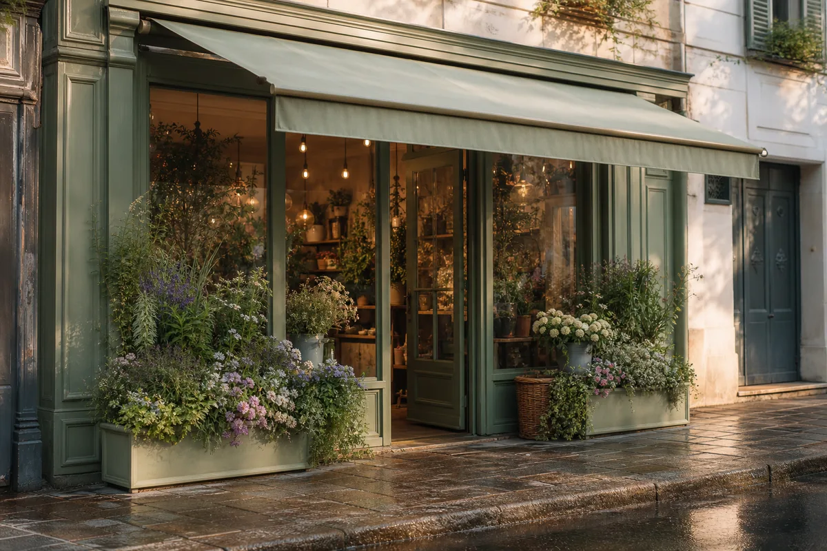 Devanture fleurie d’une boutique dans une rue commerçante française