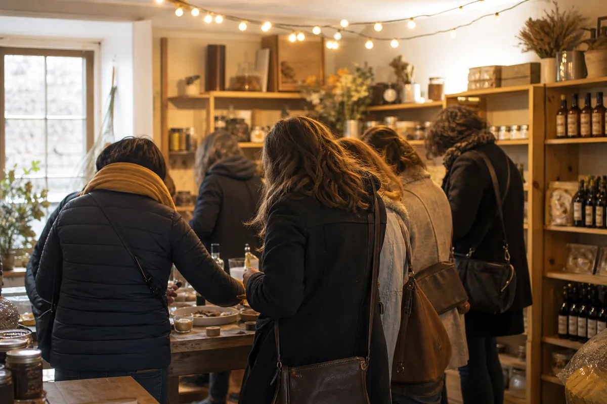 Intérieur chaleureux d’une boutique pendant une animation commerciale