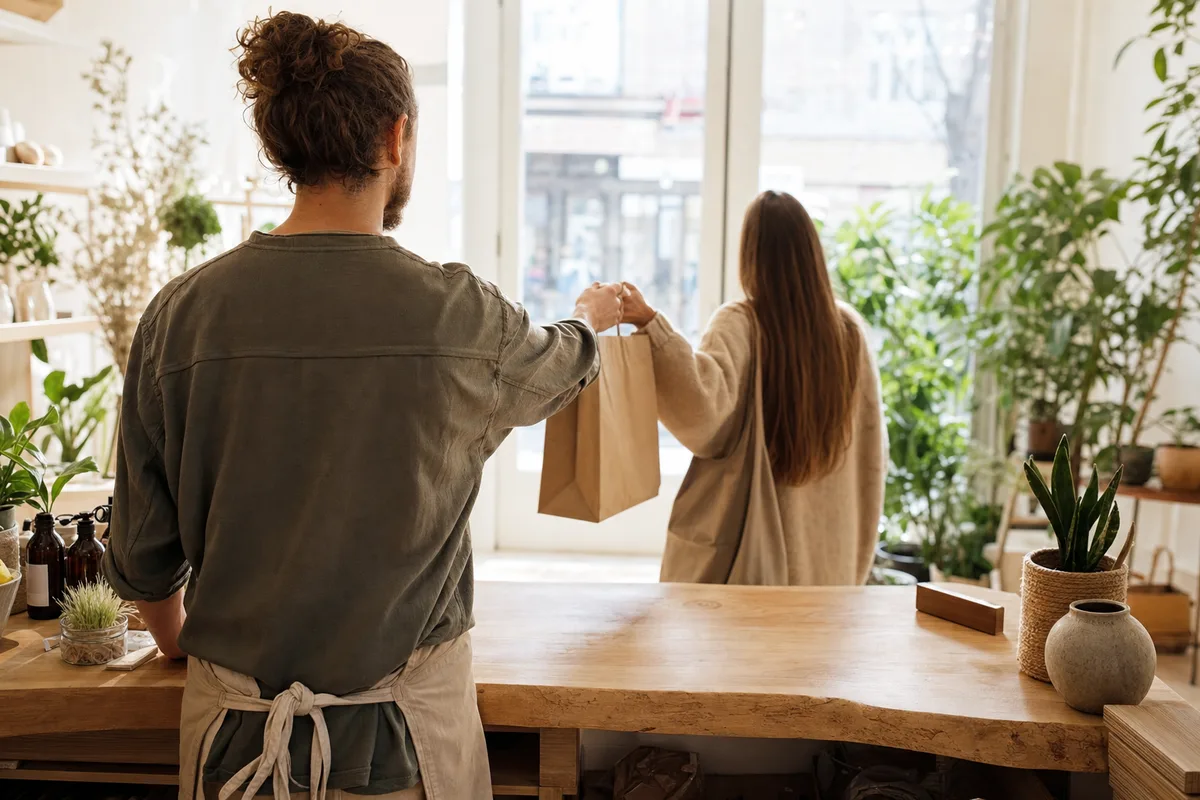 Commerçant accueillant une cliente dans une boutique lumineuse