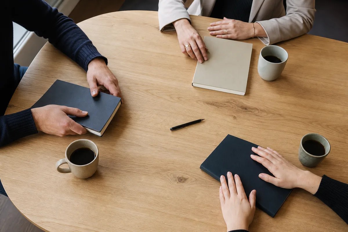 Trois personnes en réunion de travail autour d&rsquo;une table en bois, vues de haut
