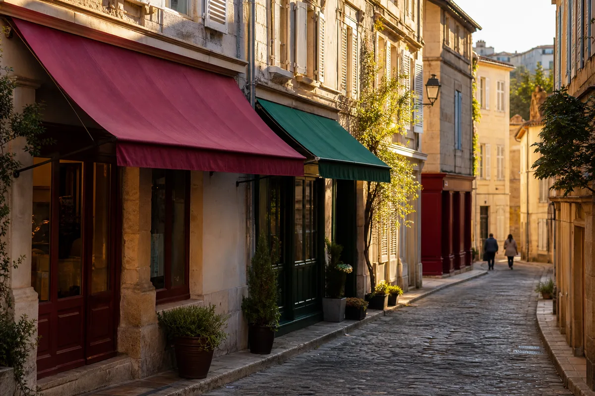 Rue commerçante pavée d&rsquo;une ville française avec des devantures aux stores unis