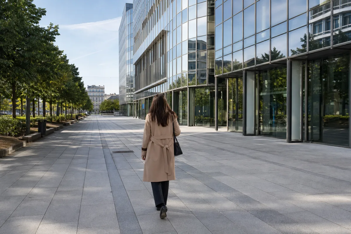 Personne de dos traversant une place vers un immeuble de bureaux vitré